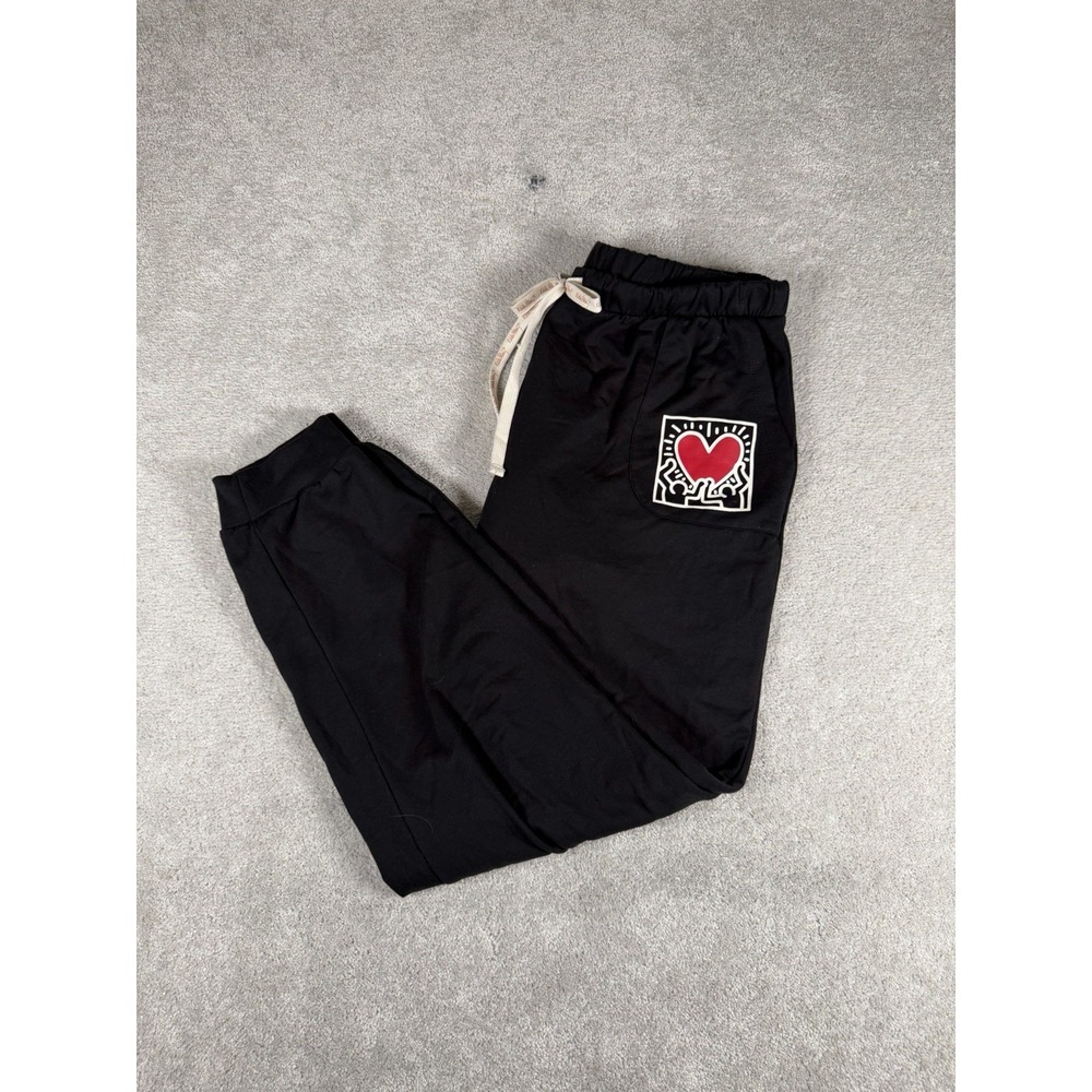 Keith Haring Sweatpants Mens Large Black Fleece Joggers Heart Graphic‎ Pockets